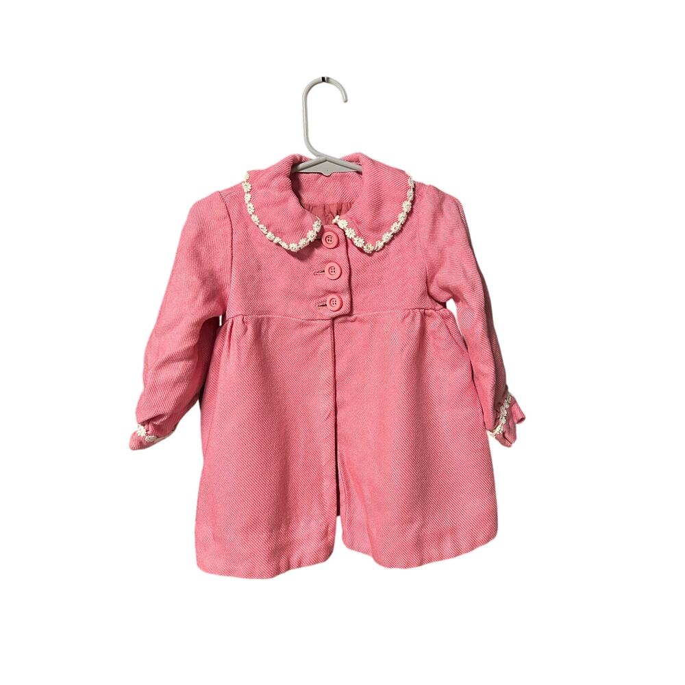 18m antique 1940s handmade baby girl pink pea coat w daisy lace vintage
